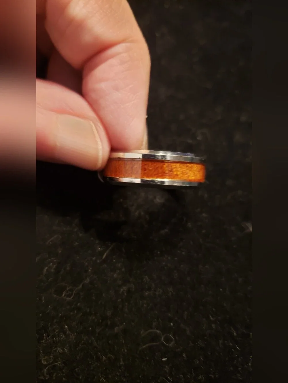 NEW Men's Polished Metal Wedding Band, Size 11, Looks Like Stainless/Koa Wood.